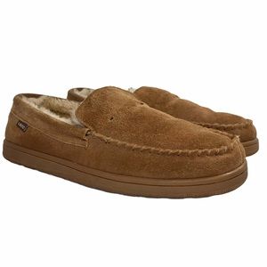 LAMO Chestnut Brown Suede Moccasin Slippers  NO LACINGS Faux Fur Lined US 10